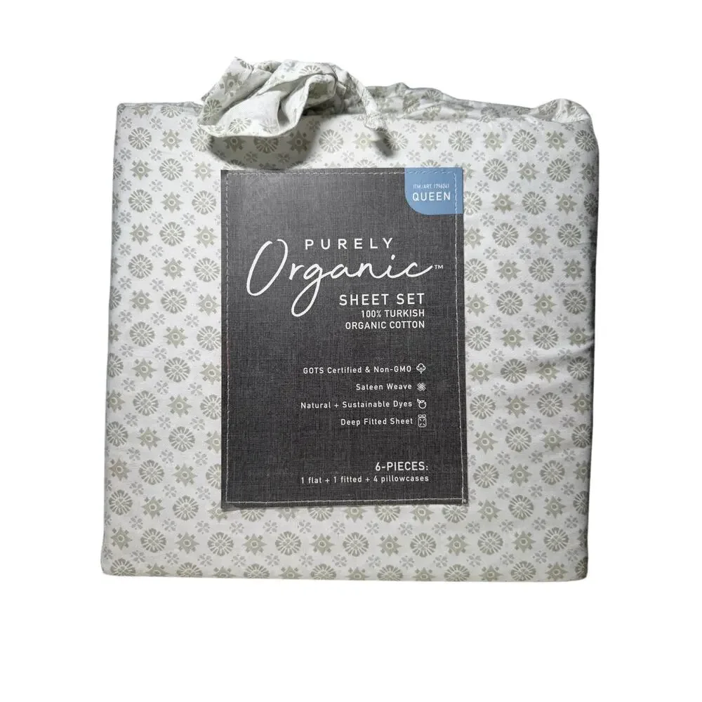 Purely Organic 300 TC 6 Pc 100% Turkish Organic Cotton Sierra Foulard Sage Queen